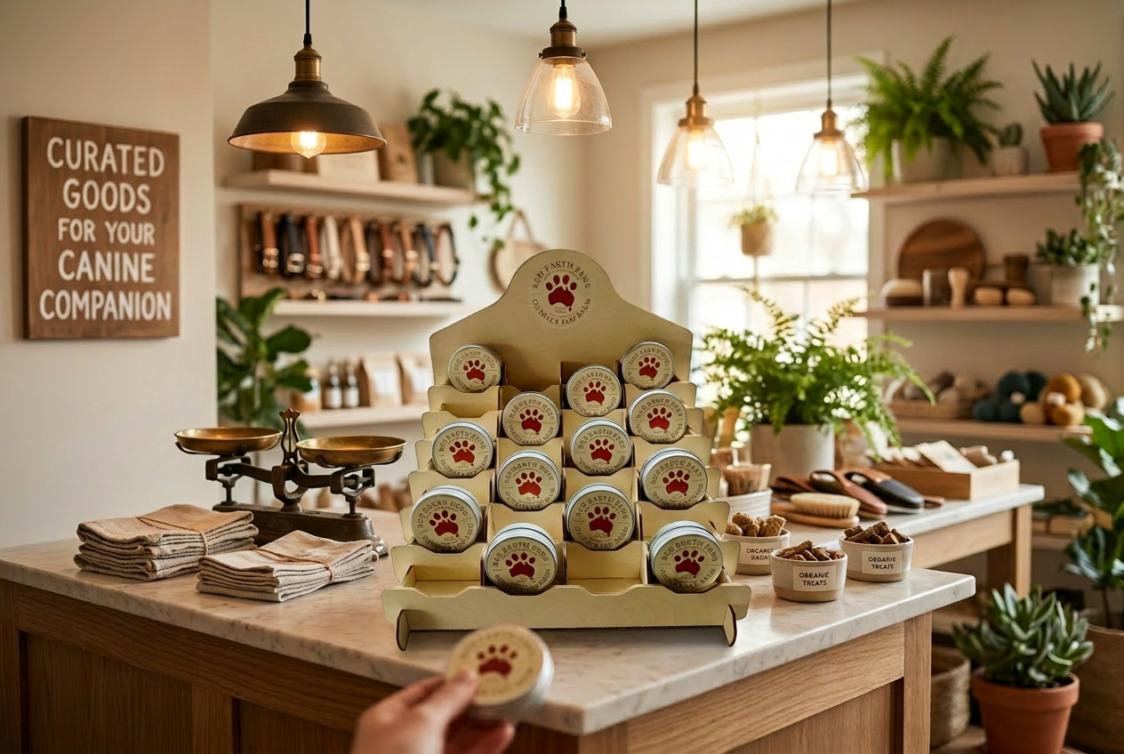 Red Earth Paws countertop display rack filled with tins of Outback Paw Balm on a retail counter